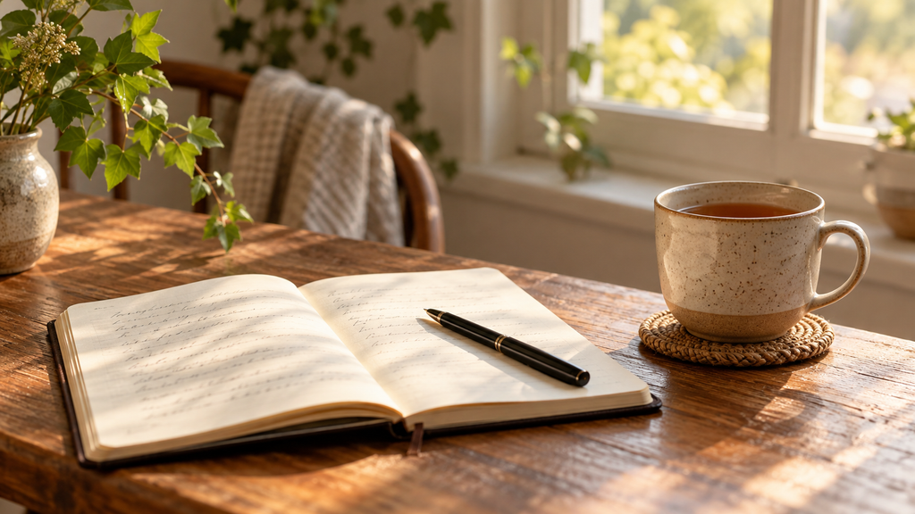 An open notebook and black pen beside a ceramic cup of tea on a sunlit wooden table.